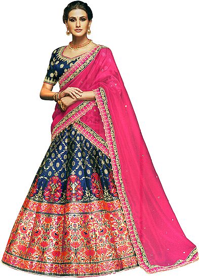 Blue-Ribbon Brocaded Lehenga in Multicolor Thread Weaving with Embroidered Choli and Pink Dupatta