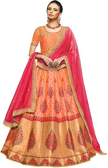 Canteloupe Brocaded Lehenga in Multicolor Thread with Embroidered Choli and Pink Dupatta
