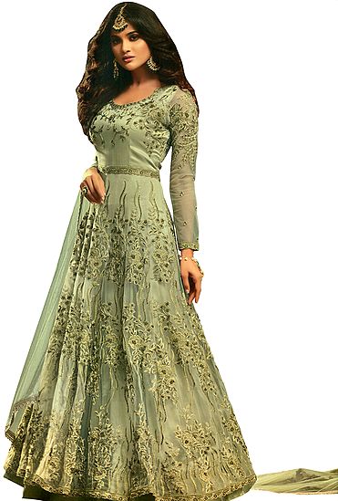 Sage-Green Floor-Length Anarkali Suit with Zari-Embroidered Florals and Beads All-Over