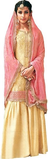Summer-Melon Flared-Palazzo Salwar Kameez Suit with Zari-Woven Florals and Motifs