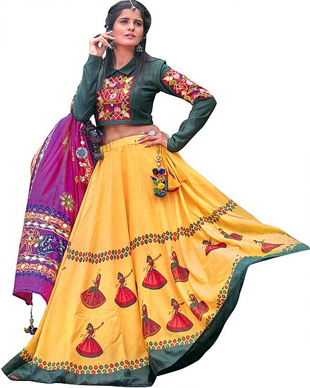 Green and Yellow Lehenga  and Embroidered Choli from Gujarat with Printed Dancing Village Girls