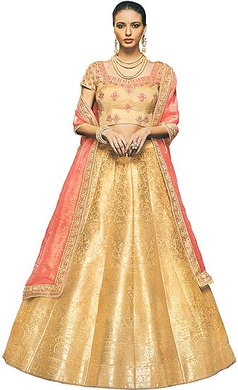 Buff-Yellow Brocaded Lehenga with Floral Embroidered Choli and Crystal Studded Dupatta
