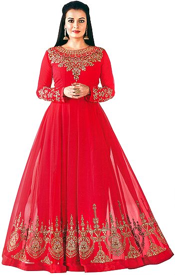 Barberry-Pink Floor-Length A-Line Suit with Zari-Embroidery and Chiffon Dupatta