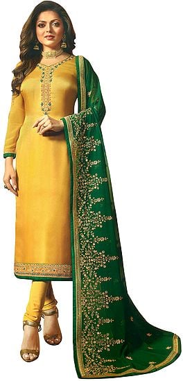 Sulphur-Yellow Drashti Choodidaar Salwar-Kameez Suit with Floral Zari-Embroidery and Green Chiffon Dupatta