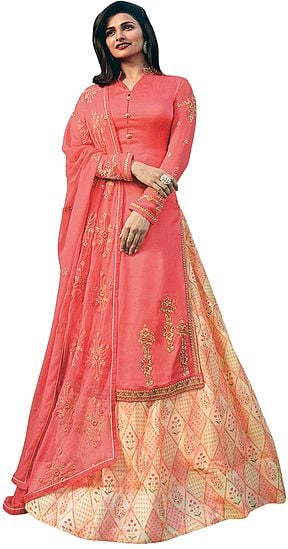 Porcelain-Rose Prachi Kameez with Floral Printed Skirt and Embroidered Chiffon Dupatta