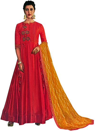 Cayenne Floor-Length A-Line Suit with Floral Aari Embroidery and Printed Dupatta
