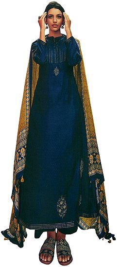True-Blue Long Trouser and Kameez Suit with Zari-Embroidery and Floral Printed Dupatta