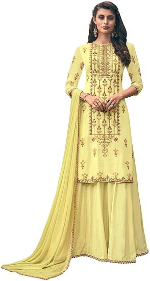 Pear-Sorbet Flared Palazzo (Sharara) Salwar Kameez Suit with Heavy Zari and Beaded Embroidery
