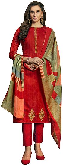 Salsa-Red Long Trouser Salwar-Kameez Suit with Embroidery and Multicolor Printed Dupatta