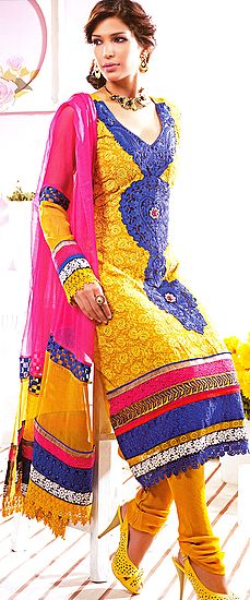 Curry-Mustard Macaw Chudidar Crochet Kameez Suit with Patchwork
