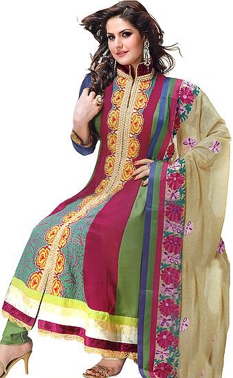 Fuchsia and Green Anarkali Chudidar Kameez Suit with Embroidered Flowers