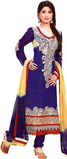 Twilight-Blue Chudidar Kameez Suit with Floral Booties and Giant Paisley Patch