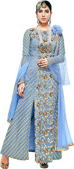 Dusk-Blue Zari-Embroidered Designer Salwar Kameez Suit with Embellished Pearls and Crsytals All-over