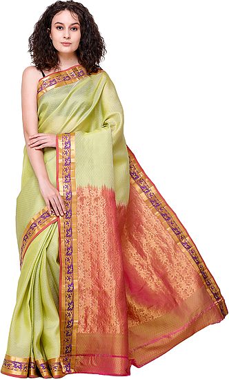 Linden-Green Brocaded Hadloom Kora Sari from Banaras with Diamond Weave and Zari Pallu