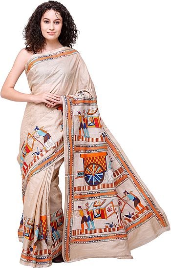 Bleached-Sand Tussar Sari from Bengal with Kantha-Embroidered Marriage Procession