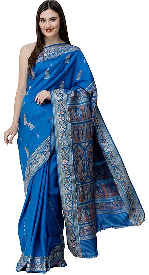 Diva-Blue Baluchari Sari from Bengal with Woven Wedding Rituals on Pallu