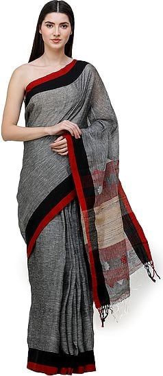 Slate-Gray Handloom Sari from Bengal with Jute Weave on Pallu