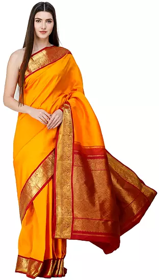 Bright-Marigold Brocaded Kanjivaram Sari from Chennai with Intricate Work on Pallu