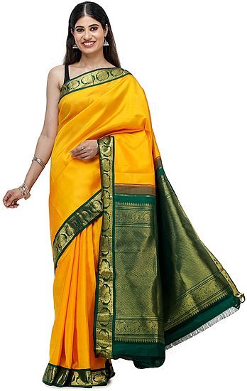 Bright-Marigold Brocaded Kanjivaram Sari from Chennai with Intricate Weave on Pallu