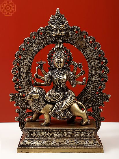 14" Ashta-bhuja-dhari Simha-Vahini Durga Statue in Brass