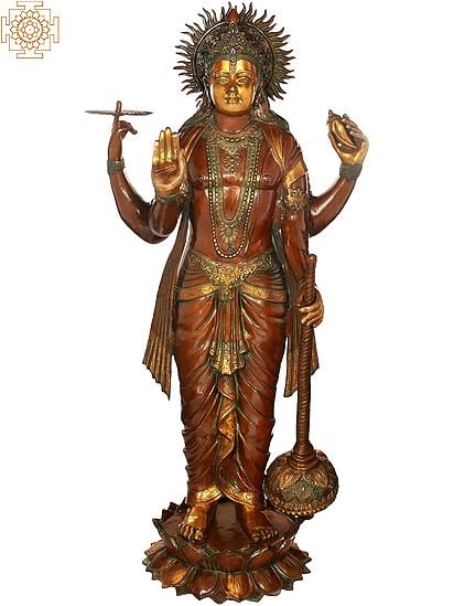 66" Haloed Chaturbhuja Vishnu, Of Lifelike Proportions In Brass | Handmade | Made In India