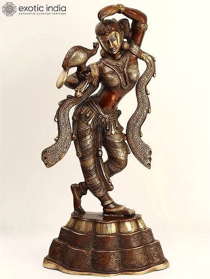 23" Apsara Statue with Peacock Applying Vermillion In Brass | Handmade | Made In India