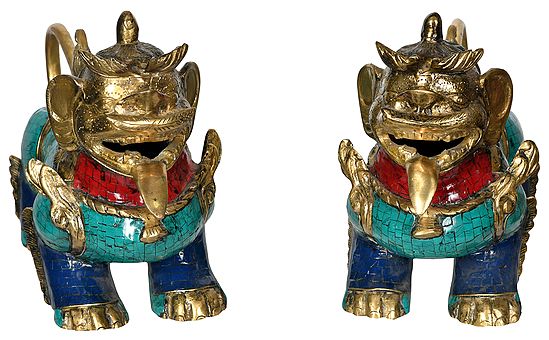 12" Leonine Temple Guards In Brass | Handmade | Made In India