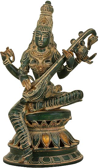 12" The Graceful Sarasvati Makes Music On Her Veena In Brass | Handmade | Made In India