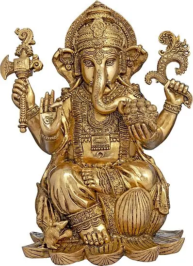 16" Richly Adorned Kamalasana Ganesha, His Lifelike Gaze Encompassing The World In Brass | Handmade | Made In India