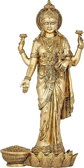 24" Haloed Standing Lakshmi Blesses You With A Steady Stream Of Plenty In Brass | Handmade | Made In India