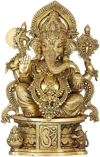 23" The Incomparable Beauty Of Ganesha, Seated On An AUM Pedestal In Brass | Handmade | Made In India