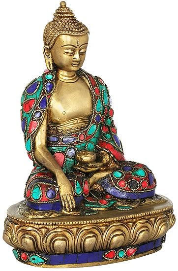 8" Lord Buddha in Bhumisparsha Mudra (Inlay Statue) In Brass | Handmade | Made In India