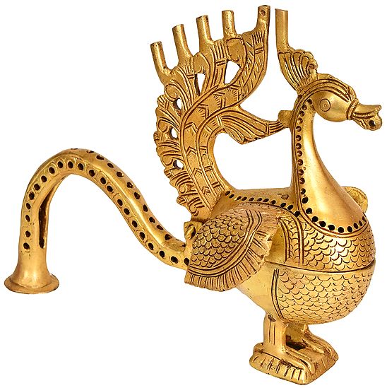 9" Handheld Peacock-Breast Incense Vessel In Brass | Handmade | Made In India