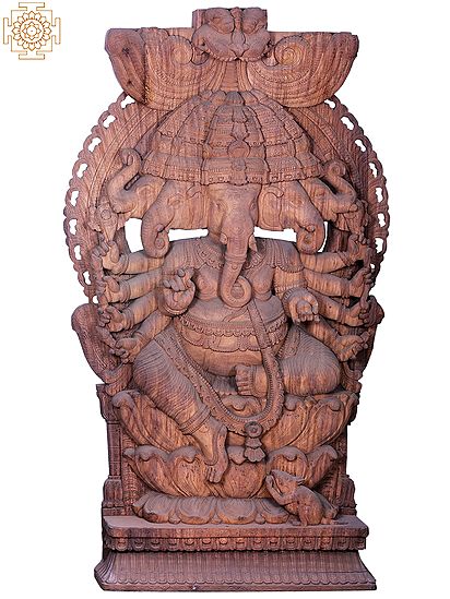 84" Large Wooden Panchamukhi Lord Ganesha Statue with Kirtimukha Throne