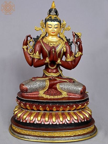 16" Mongolian Chenrezig (Avalokiteshvara) | Copper Statue with Gold Plated