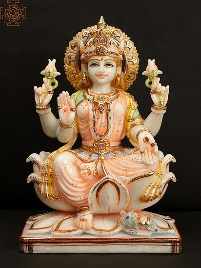 12" Devi Lakshmi Marble Statue Seated on Lotus