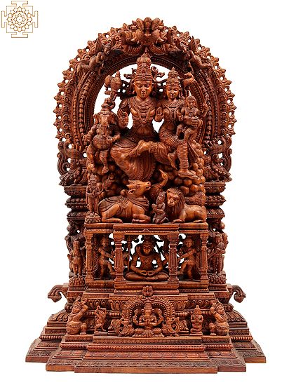 48" Superfine Wooden Carved Shiva Family | Award Winning Sculpture