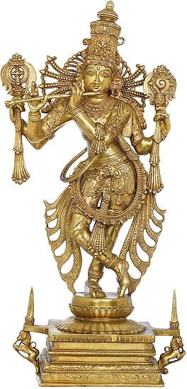 40" Tribhang Murari Chaturbhujadhari Krishna, With The Towering Kirtimukha Crown In Brass | Handmade | Made In India