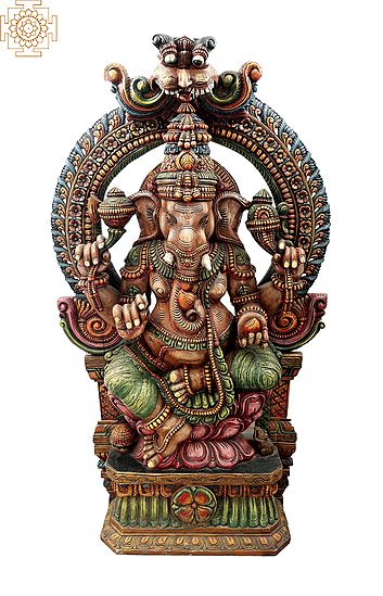 Large Ganesha Seated On Lotus Throne with Large Kirtimukha Floral Aureole