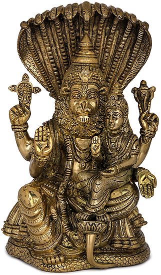 11" Fine Quality Narasimha with Lakshmi (The fourth Avatar of Lord Vishnu) In Brass | Handmade | Made In India