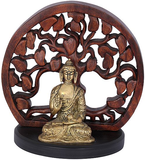 7" Seated Buddha Figurine With Wooden Bodhi Tree Aureole In Brass | Handmade | Made In India