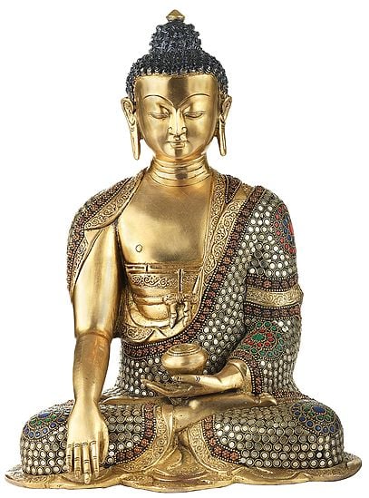 10" Bhumisparsha Lord Buddha With Inlay Stone Work In Brass | Handmade | Made In India