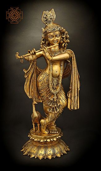 26" Lord Krishna Playing The Flute In Brass | Handmade | Made In India