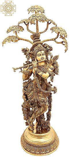 35" Superfine Tribhanga Murari With The Kadamba Tree Behind Him in Brass | Handmade | Made In India