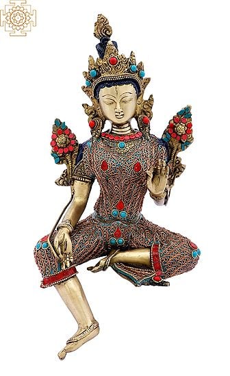 13" Superfine Tibetan Buddhist Green Tara with Colorful Inlay Work and Copper Wire in Brass | Handmade | Made In India