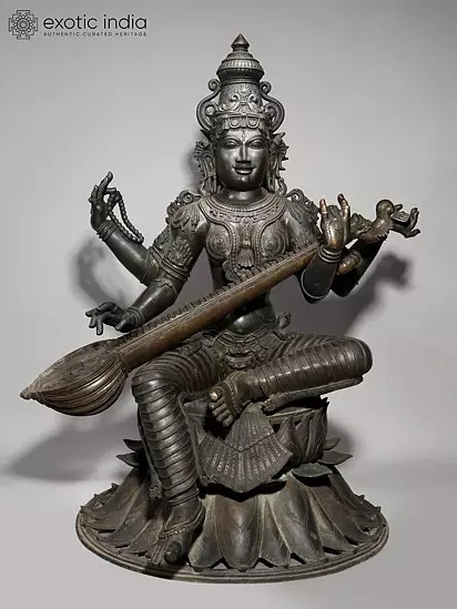 48" Large Superfine Goddess Saraswati Seated on Lotus | Madhuchista Vidhana (Lost-Wax) | Panchaloha Bronze from Swamimalai
