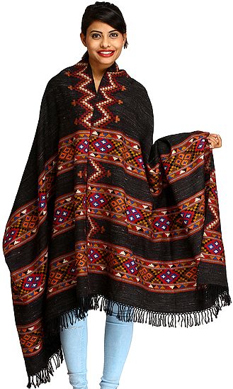 Black Shawl from Kullu with Kinnauri Woven Triple Border and Zigzag Weave