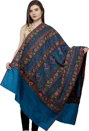 Deep-Lake Pure Pashmina Shawl from Uttar Pradesh with Sozni Floral Hand-Embroidery All-Over
