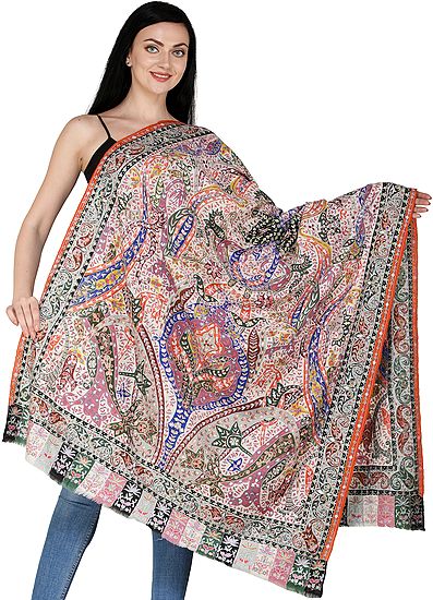 Mother Of Pearl Pure Pashmina Handloom Shawl from Kashmir with Kalamkari Needle Embroidery by Hand | Takes around 1 year to complete | Handwoven