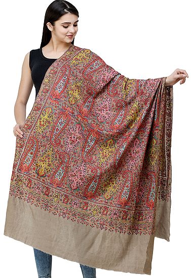 Silver-Mink Pure Pashmina Handloom Shawl from Kashmir with Sozni Floral Embroidery | Takes around 1 year to complete | Handwoven